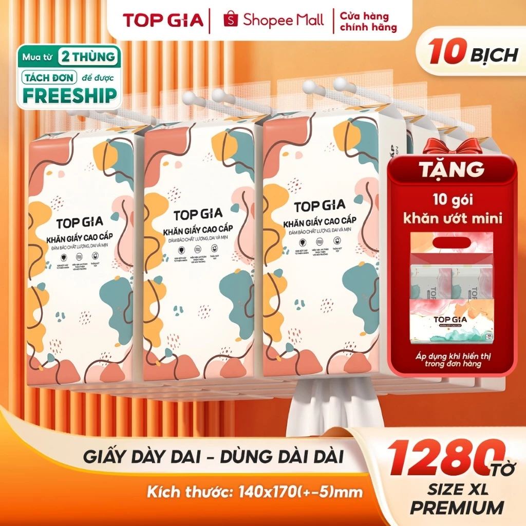 [MUA 10 TẶNG 10 GÓI MINI] Thùng 10 bịch giấy treo tường TopGia Đa sắc 1280 tờ/4 lớp dày dặn, mềm mịn
