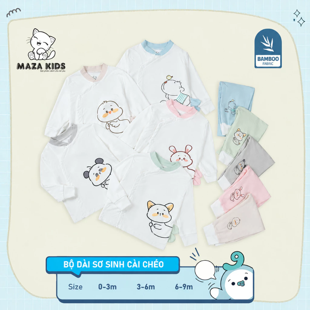 BD29. Bộ quần áo sơ sinh dài tay thun cotton dày dặn, quần cạp cao cho bé từ 3-9kg