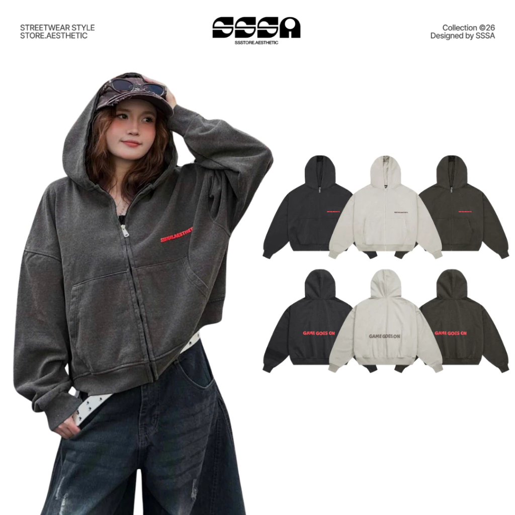 Áo Khoác Zip Wash PREMIUM In Nổi Chất Vải Nỉ Chân Cua Boxy Unisex Form Rộng Nam Nữ SSSTORE.Aesthetic