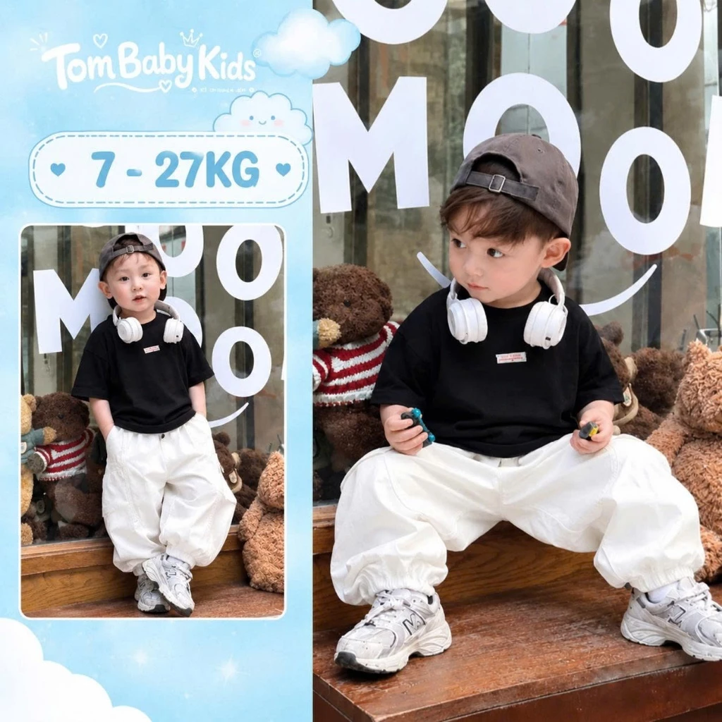 Quần gió dáng bom thụng, quần gió nhăn rộng rãi cạp chun thoải mái kiểu dáng thể thao cho bé 7-27kg Tom Baby Kids