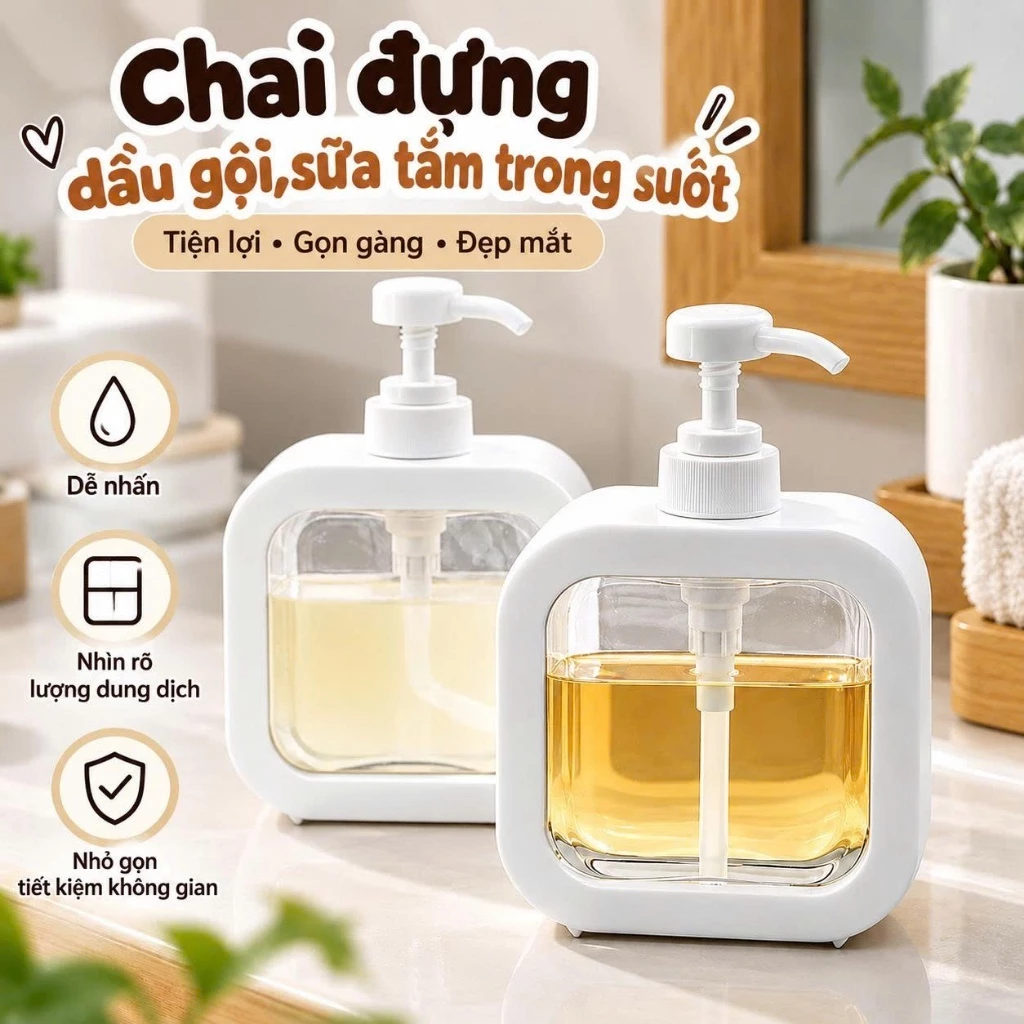 Chai đựng dầu gội,sữa tắm trong suốt 300/500ml sang trọng