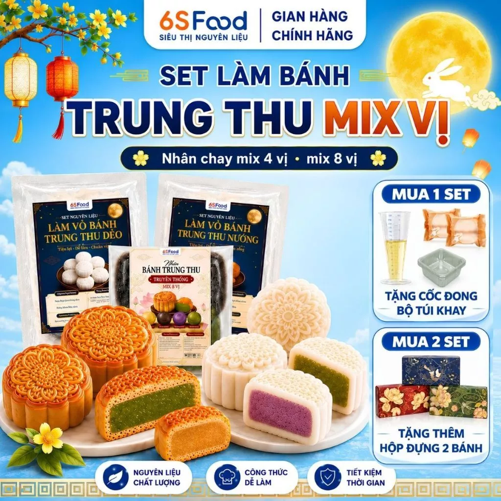 Set Làm Bánh Trung Thu Dẻo/Nướng Chay Cao Cấp Mix 4 Vị, 8 Vị Tặng Cốc Đong, Khay, Túi - Nhà 6SFOOD