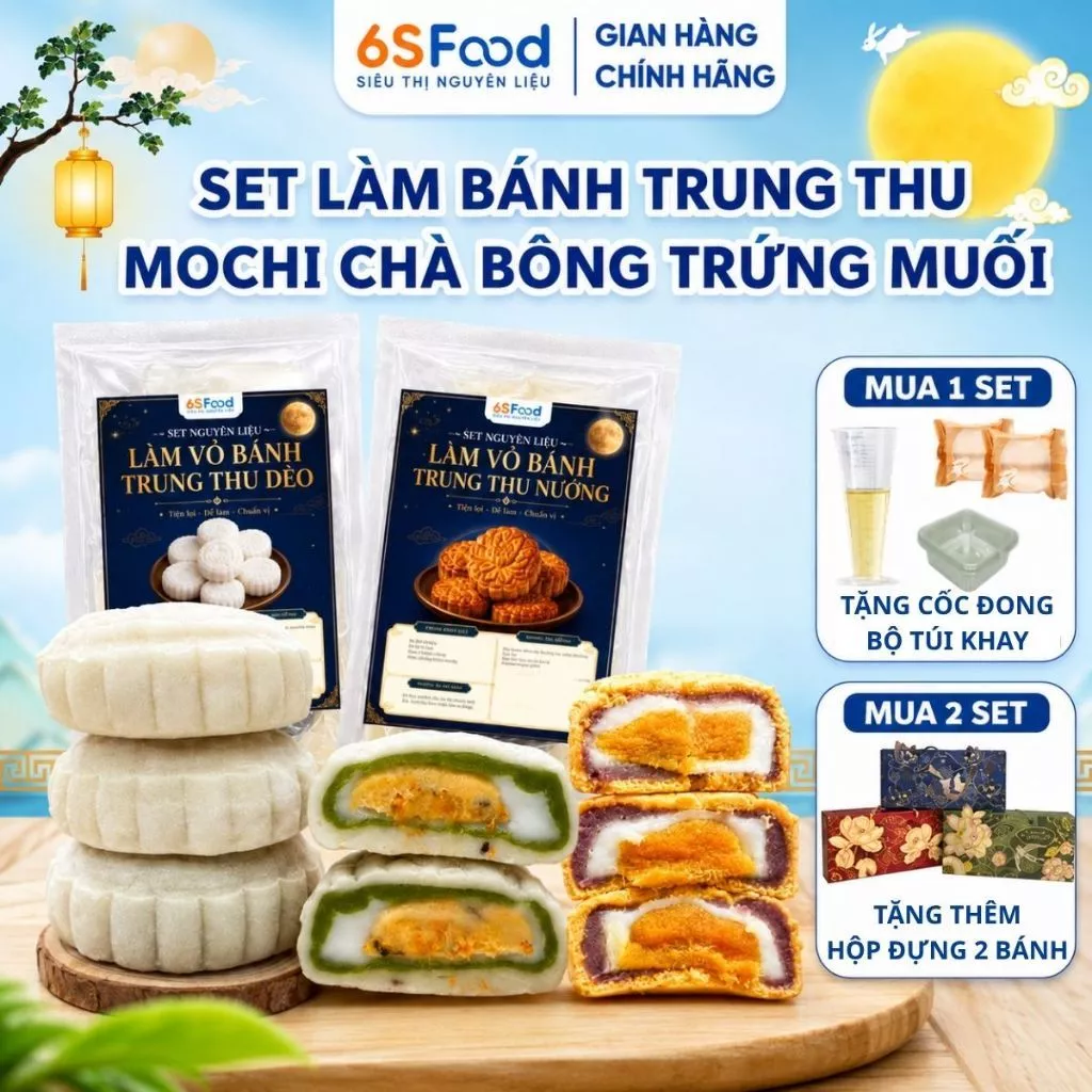 Set Nguyên Liệu Làm Bánh Trung Thu Nướng / Dẻo Nhân Mochi Chà Bông Trứng Muối tặng túi khay - 6SFOOD
