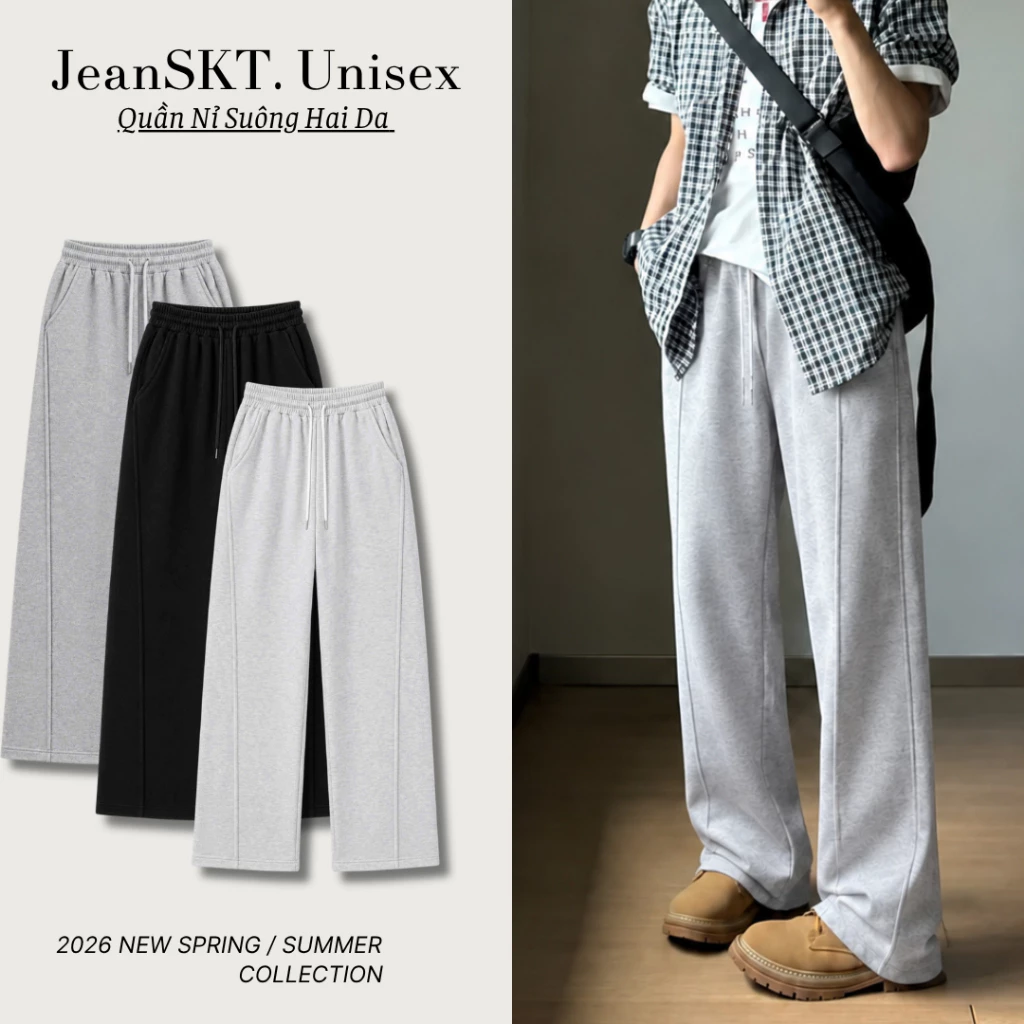 Quần Nỉ Nam Trắng CẠP CHUN Dây Rút Ống Rộng Chất Nỉ Da Cá 2 Lớp Unisex Form Đứng Dáng Dài JEANSKT