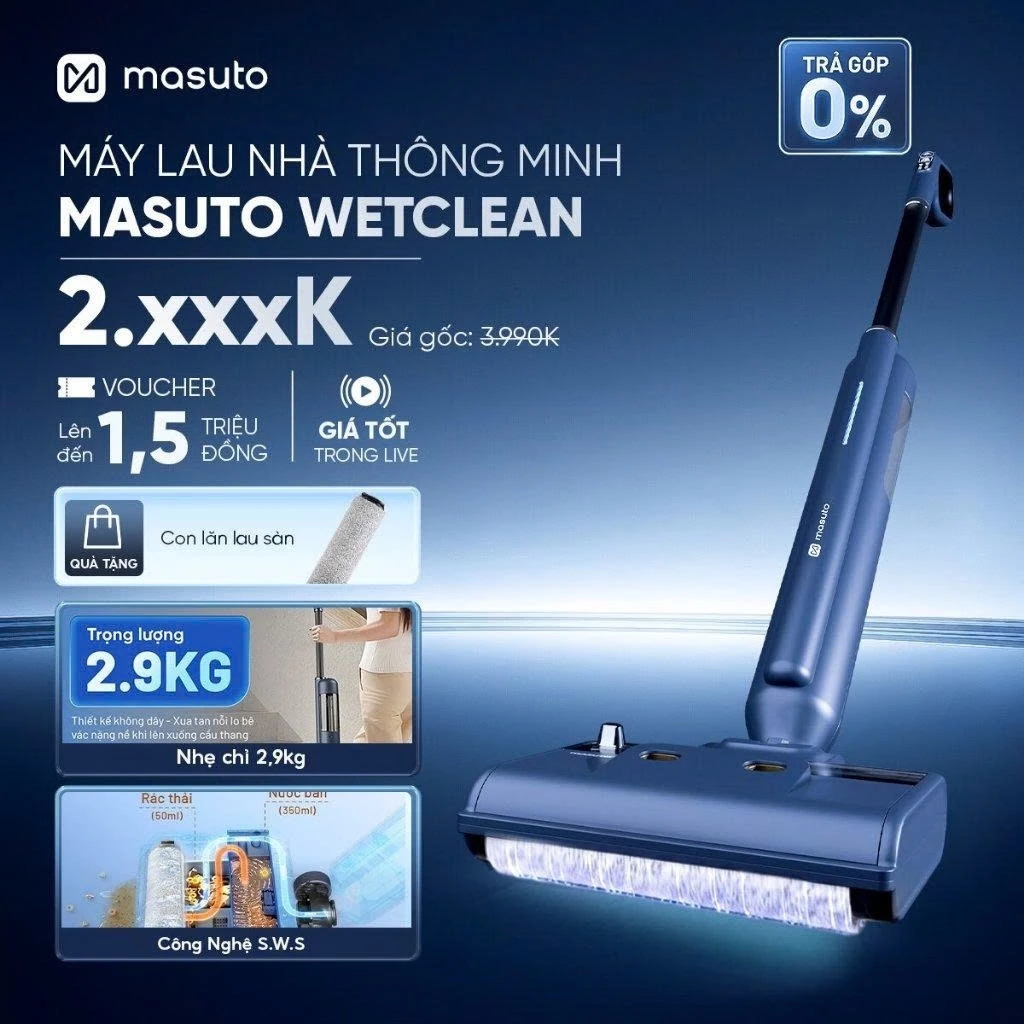 Cây Lau Nhà Điện Thông Minh Masuto WetClean Công nghệ SWS Máy Lau Nhà Tách Nước Bẩn Tự Động Không Bộ Lọc