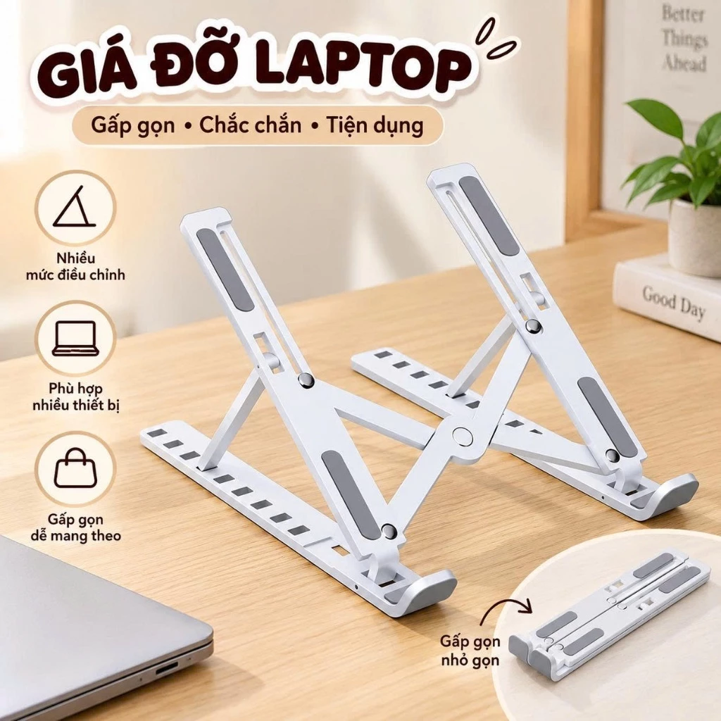 Giá đỡ laptop bằng nhựa cứng điều chỉnh độ cao chống mỏi cổ gấp gọn dễ dàng