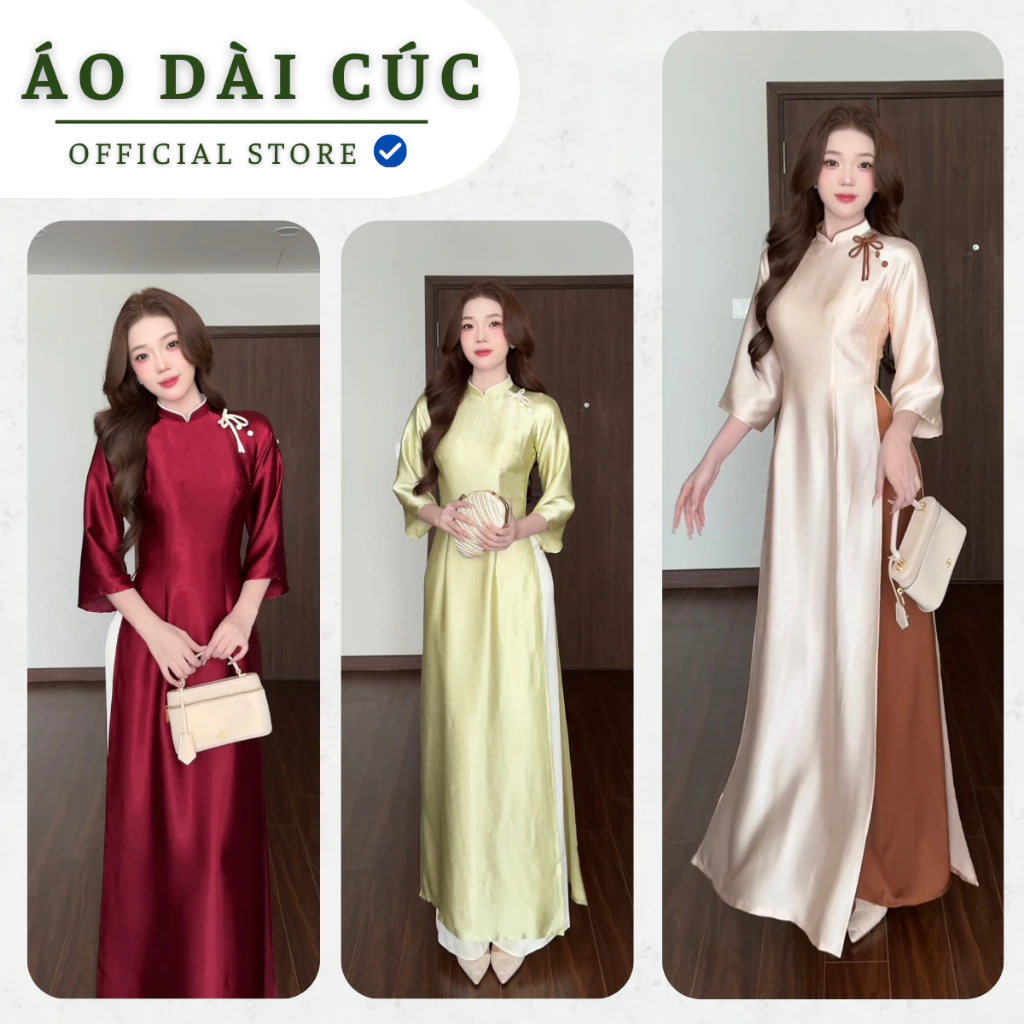 Áo dài UYÊN THƯ ,dáng truyền thống chiết ly,chất liệu lụa TiTan đính nơ cách điệu, tay loe sang trọng - Áo Dài Cúc
