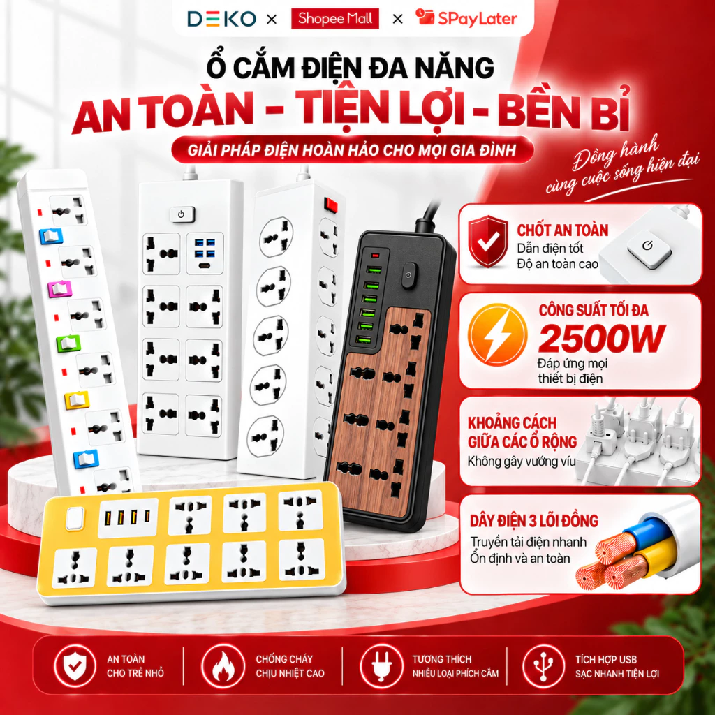 Ổ Cắm Điện Đa Năng Chịu Tải 2500W Dài 4m Cổng USB Có Chốt Bấm Chống Giật An Toàn