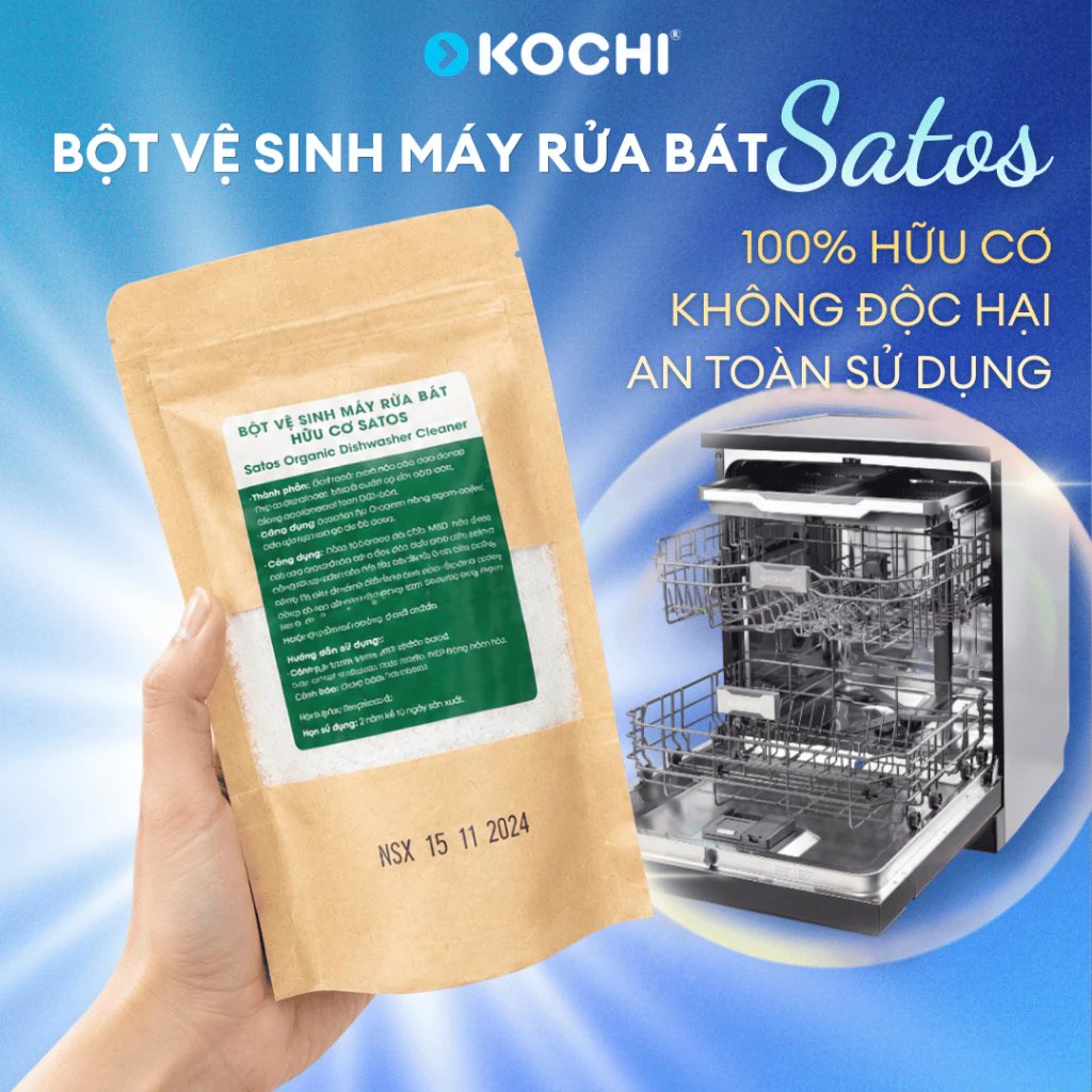 Bột Vệ Sinh Máy Rửa Bát Hữu Cơ Satos - Tẩy Cặn Vôi, Khử Mùi Hôi, Chiết Xuất Chanh Dầu Dừa, An Toàn Gia Đình 100g KOCHI