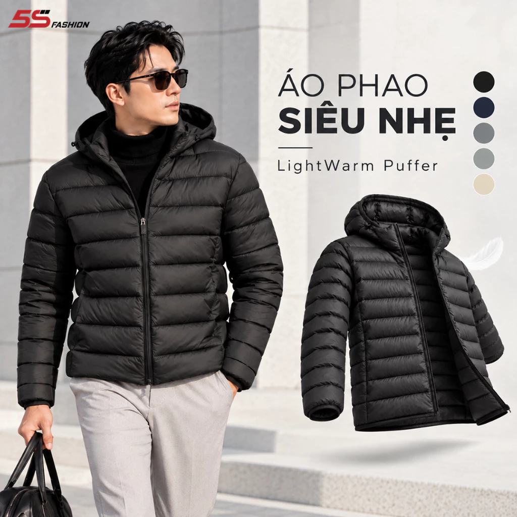 [GIÁ MỞ BÁN] Áo Khoác Phao Nam Siêu Nhẹ LightWarm Puffer 5S FASHION Có Mũ Tháo Rời, Trơn Basic M0APH25011