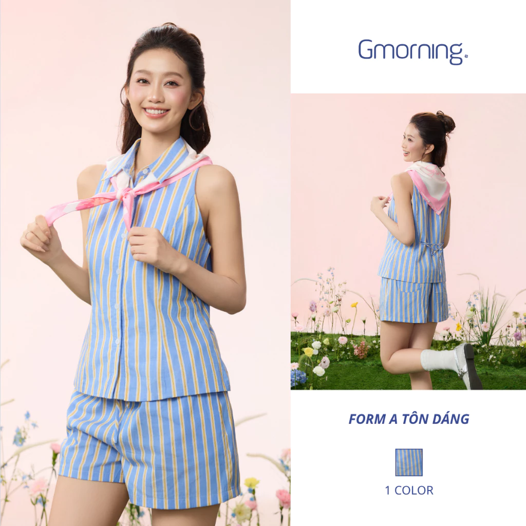 Set Đồ Nữ Gmorning YSG08040 Áo Sơ Mi Không Tay 2 Lớp Thắt Eo Phối Quần Short Ống Rộng Lưng Thun Bèo Nơ
