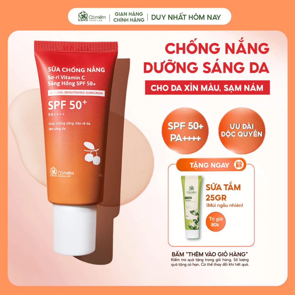 Kem Chống Nắng Nâng Tone Dạng Sữa Dưỡng Sáng Da Vitamin C Sơ Ri Cỏ Mềm 60gr
