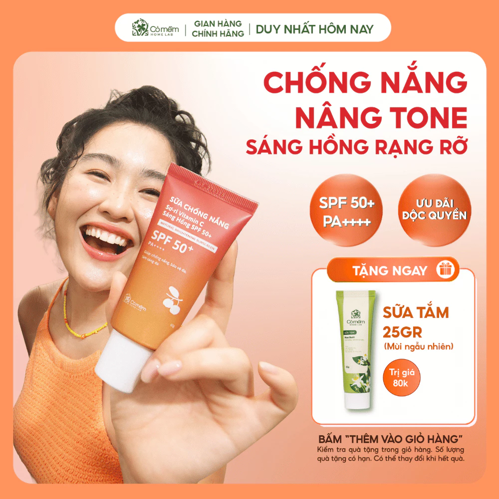 Sữa Chống Nắng Nâng Tone Dưỡng Sáng Da Sơ Ri Vitamin C SPF 50+ PA++++ Cỏ Mềm 60gr