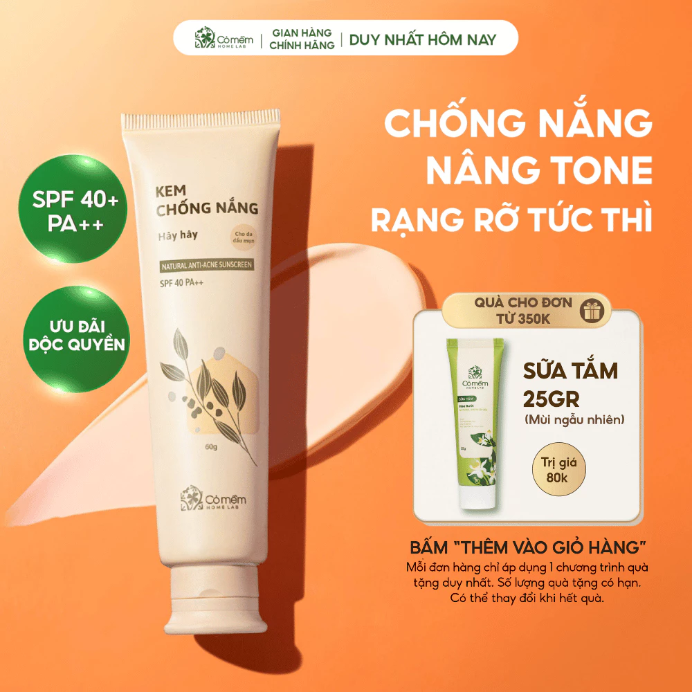 Kem Chống Nắng Nâng Tone Mịn Đẹp Thấm Nhanh Cho Mọi Loại Da Hây Hây SPF 40, PA ++ Cỏ Mềm 60g