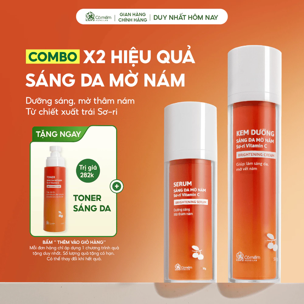 Bộ đôi serum kem dưỡng Vitamin C dưỡng sáng da mờ thâm nám tàn nhang từ trái Sơ-ri Cỏ Mềm