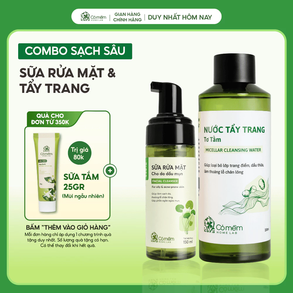 Bộ Chăm Sóc Da 2 Bước Nước Tẩy Trang Và Bọt Rửa Mặt Mọi Loại Da Cỏ Mềm