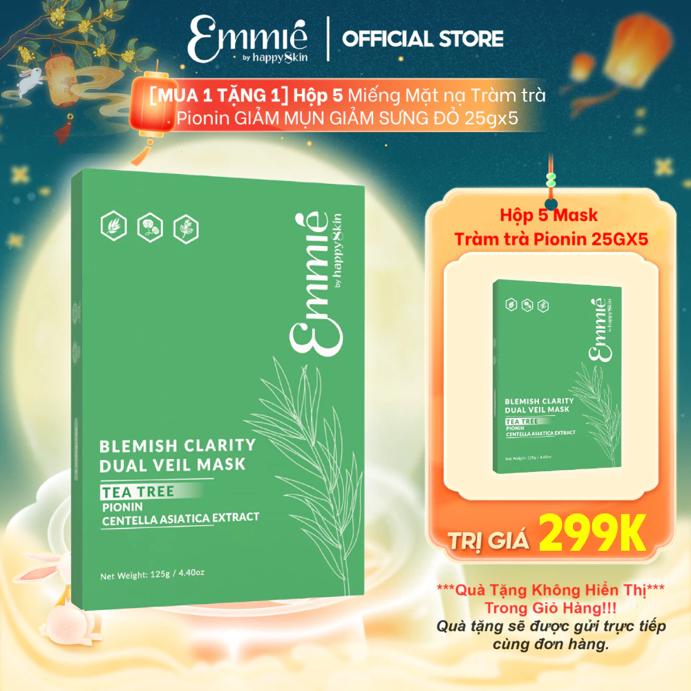 Mặt nạ tràm trà Emmie Blemish Clarity Giúp Giảm Mụn Sưng Cho Da Dầu Mụn - Chất Liệu Mặt Nạ Lụa Cao Cấp Hộp 5 Miếng 25gx5