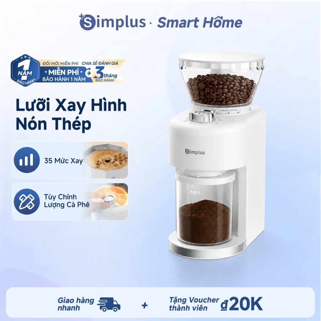 Simplus Máy Xay Cà Phê Điện Bột Thông Minh Gia Đình 35 Mức Độ Xay Từ Thô Đến Mịn Có thể Tùy Chỉnh Lượng Xay MDJH004