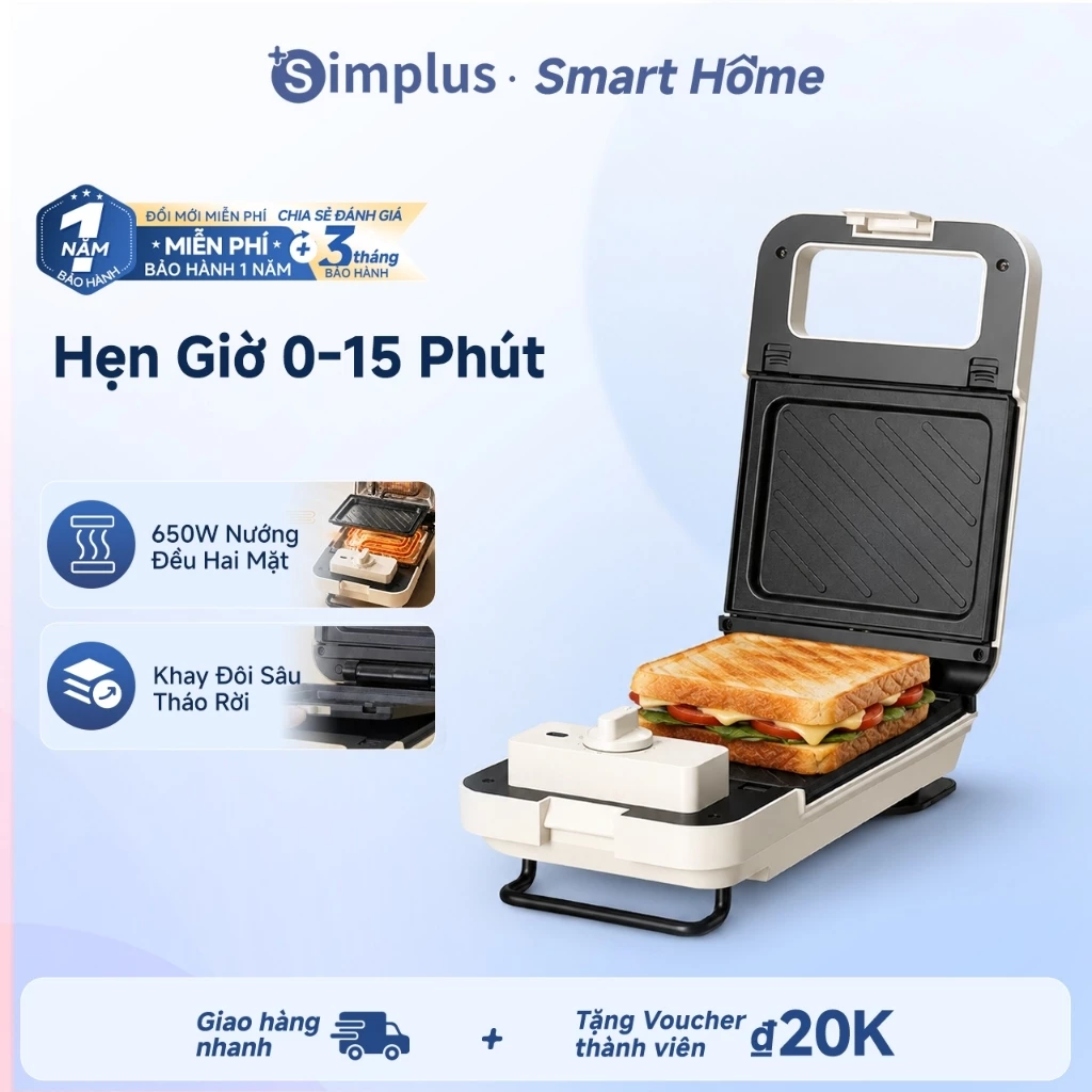 Simplus Máy Làm Sandwich&Bánh Waffle 650W Nướng Hai Mặt Khay Nướng Sâu Thay Thế Được Có Hẹn Giờ Máy Làm Bữa Sáng SMZJ007