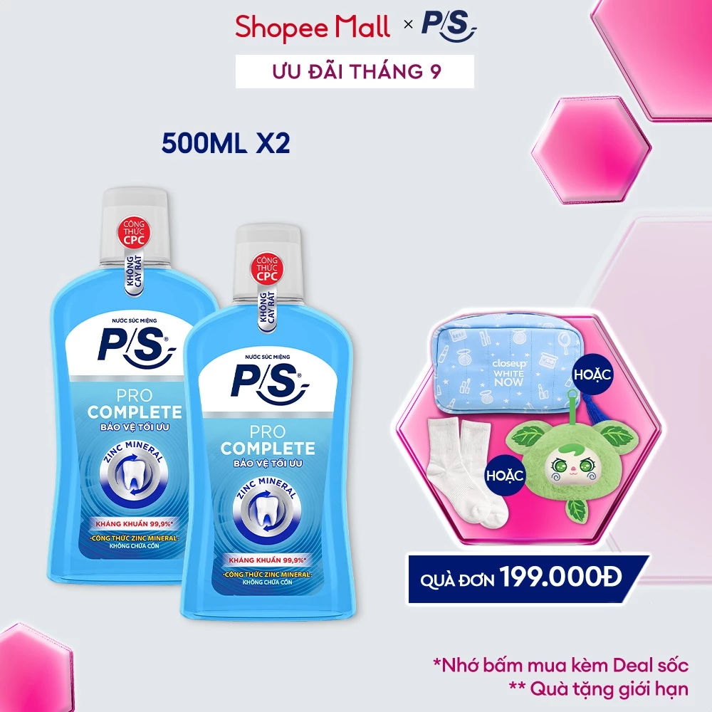 Combo 2 Nước súc miệng P/S kháng khuẩn 99.9% 500ml/chai