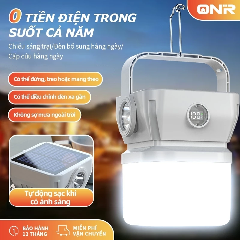 Đèn Cắm Trại Năng Lượng Mặt Trời ONR Tích Điện, Sạc Type-C, Đèn Pin Chiếu Xa, Hiển Thị Pin