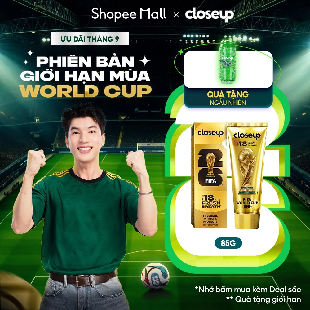 [MỚI] Kem đánh răng Closeup phiên bản giới hạn FIFA World Cup 2026 85g - Thơm mát dát vàng mọi đường bóng