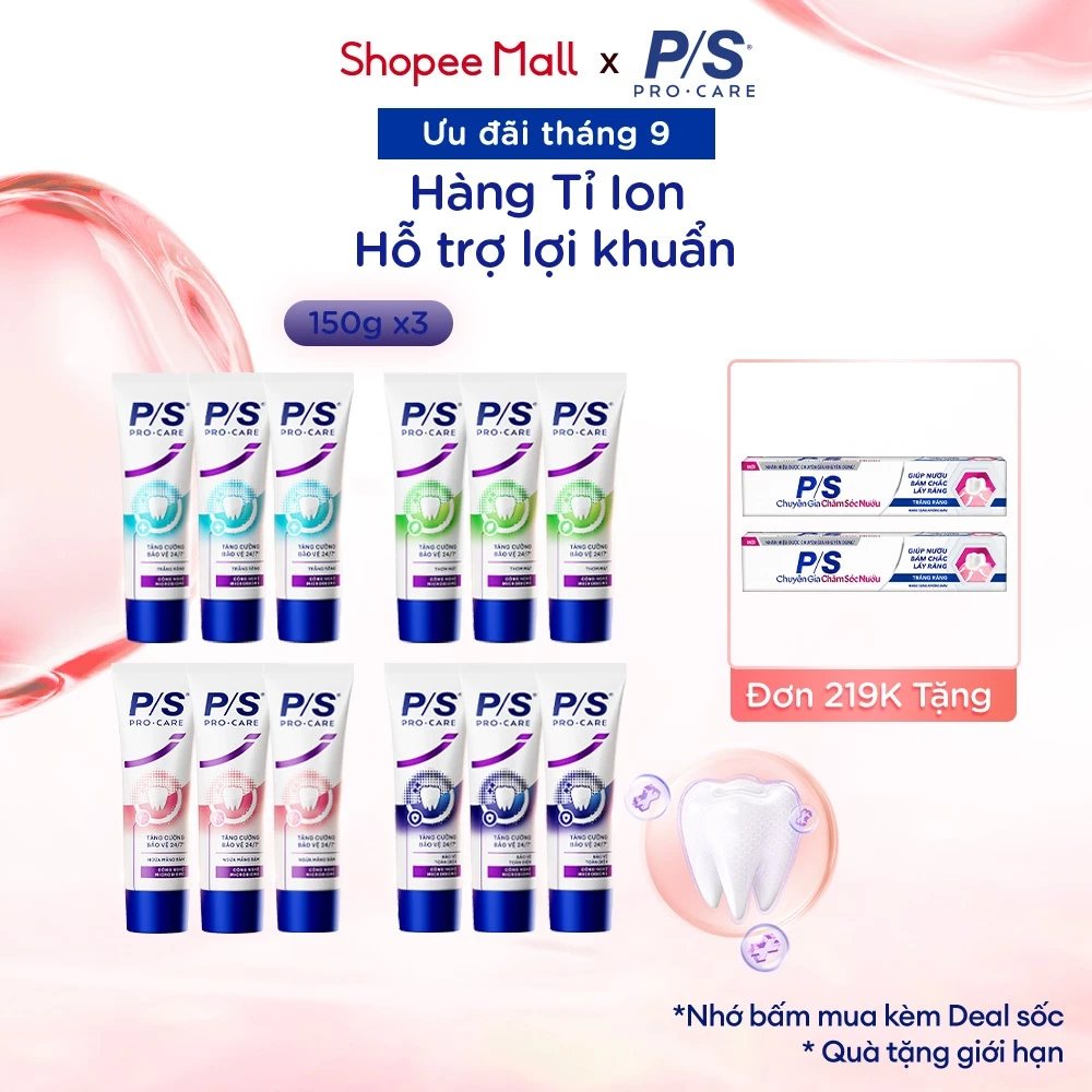 [MỚI] Combo 3 Kem Đánh răng P/S Pro-Care với hàng tỉ ion hoạt tính hỗ trợ lợi khuẩn 150g