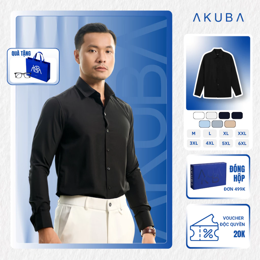 Áo sơ mi nam AKUBA tay dài form slimfit tay dài đi học đi làm, vải lụa thấm hút tốt | 01AB2044