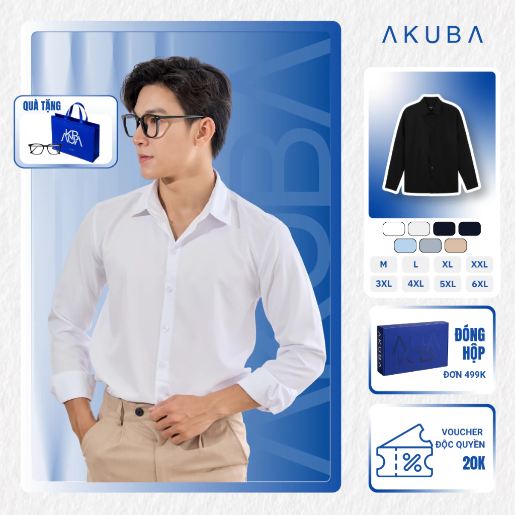 Áo sơ mi trắng nam AKUBA tay dài đi làm form slimfit, vải lụa không nhăn, thoáng mát | 01AB2044