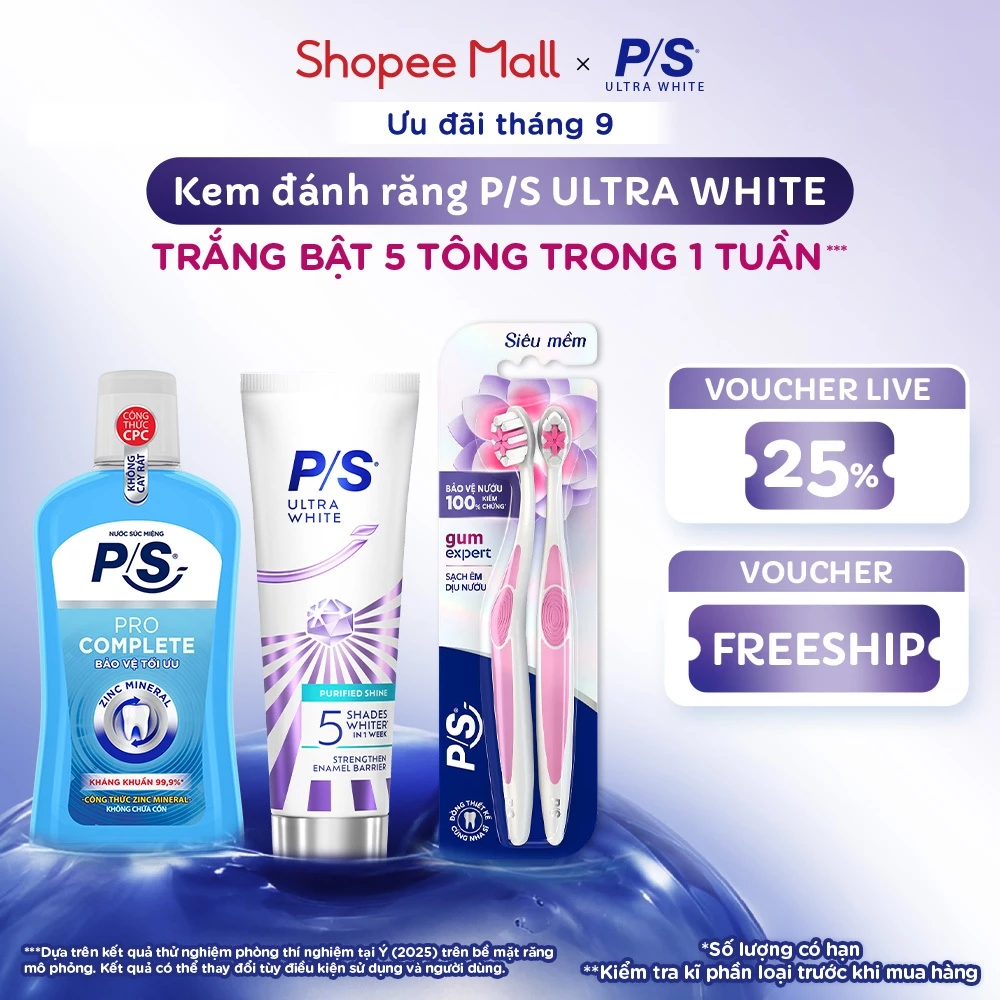 [MỚI]Kem đánh răng P/S Ultra White Trắng Bật 5 Tông 100g+Bàn Chải P/S Chăm Sóc Nướu+Nước Súc Miệng P/S Kháng Khuẩn 500ml