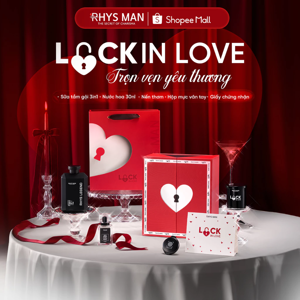 Valentine Lock Box: Sữa tắm gội 3in1 350ml & Nước hoa nam hương gỗ 30ml & Nến thơm 110gr Rhys Man