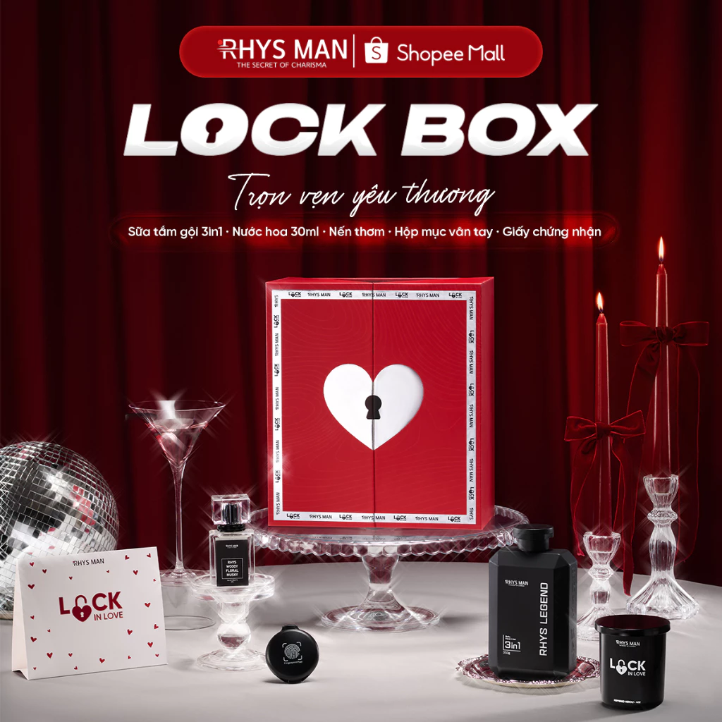 Valentine Lock Box: Sữa tắm gội 3in1 350ml & Nước hoa nam hương gỗ 30ml & Nến thơm 110gr Rhys Man