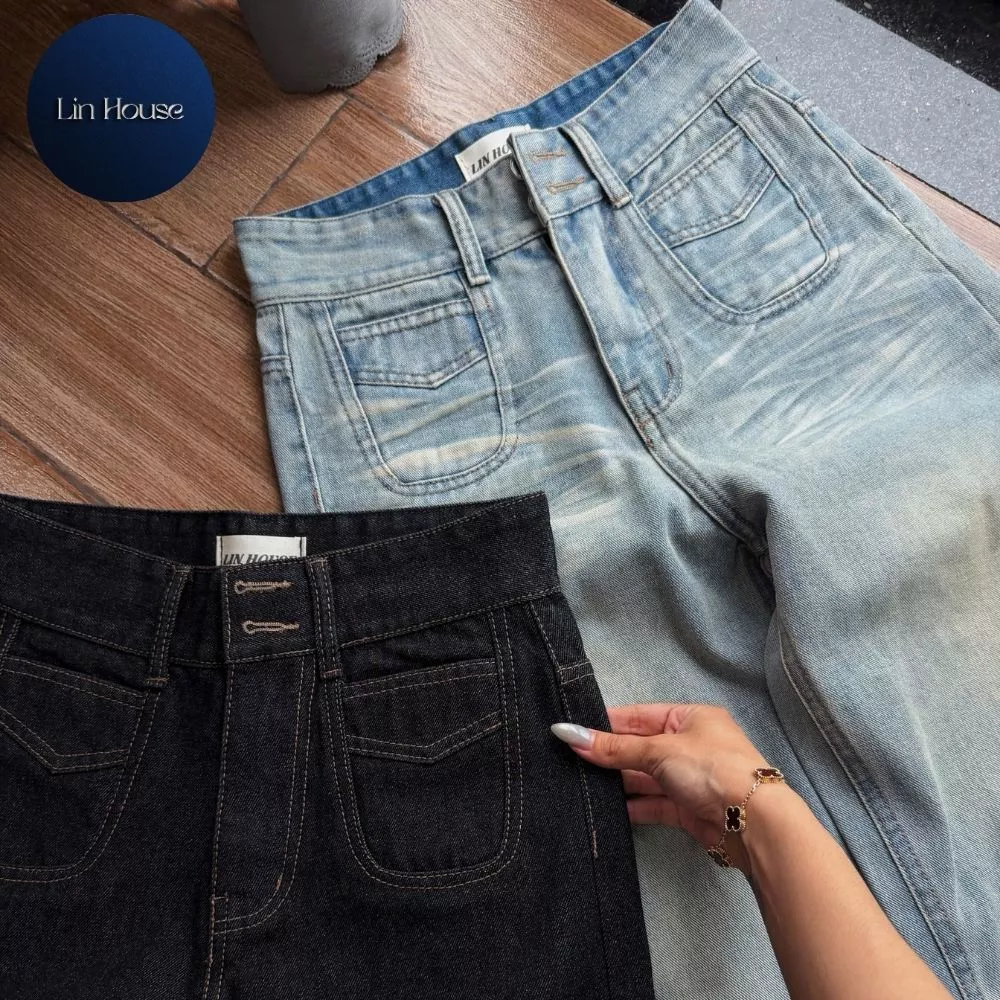 (MÃ 39) Quần Jeans Nữ Lưng Cao 2 Nút Có Túi Kiểu Phía Trước – Form Tôn Dáng | LIN HOUSE