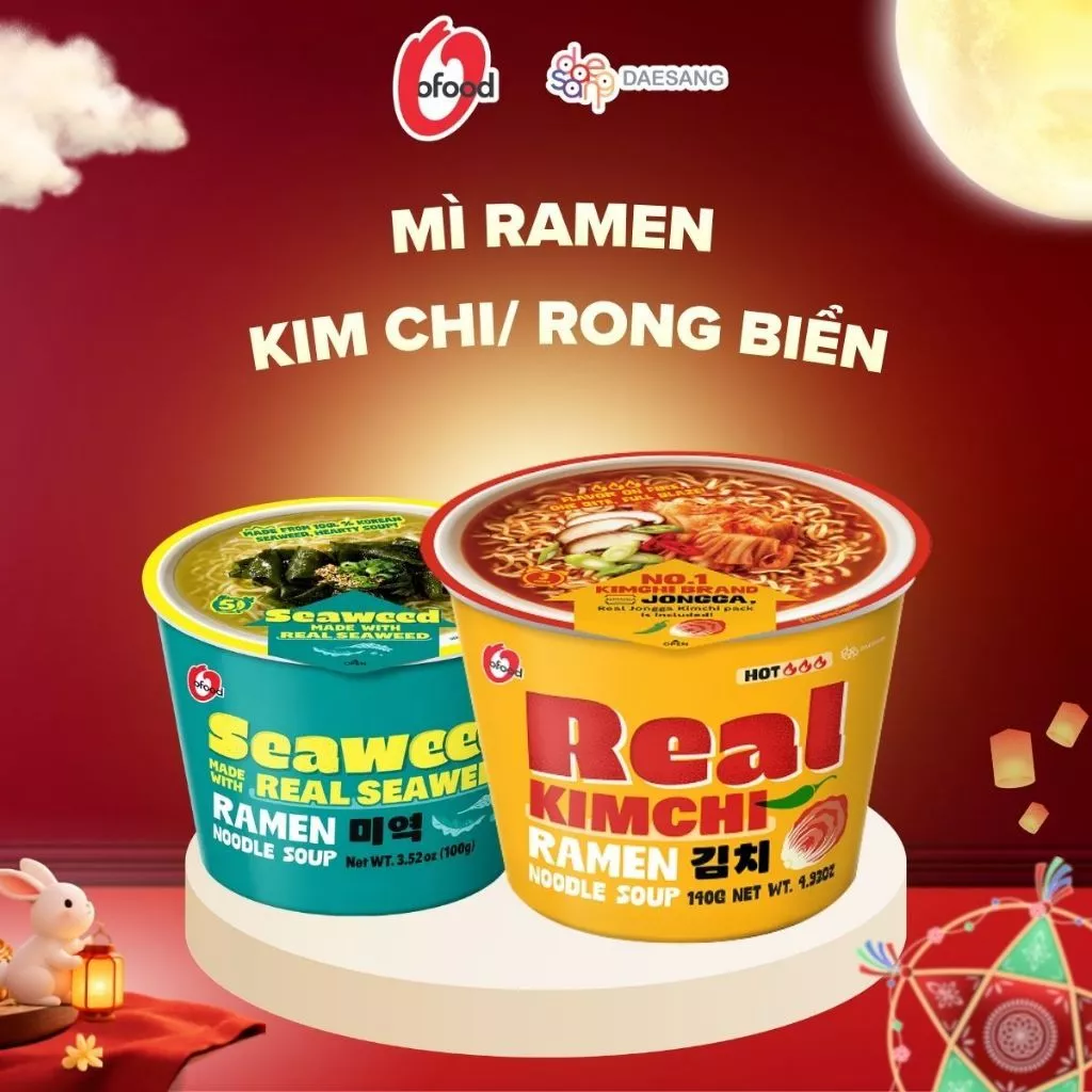 [O'Food] Mì Ramen Nhập Khẩu Hàn Quốc Dạng Ly – Vị Kim Chi 122g & Rong Biển 100g