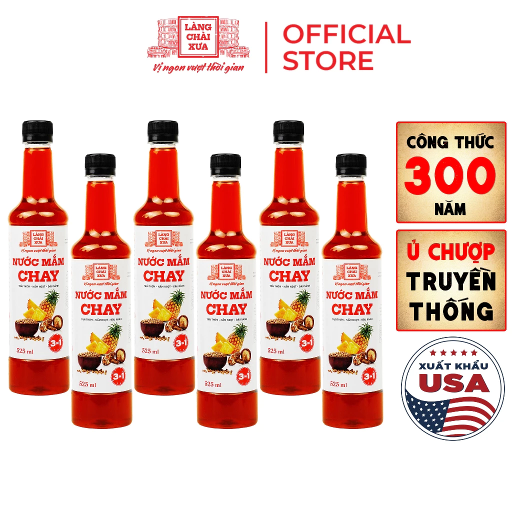 [TẶNG NƯỚC TƯƠNG 125ML] Thùng 6 chai nước mắm CHAY 3 trong 1 Làng Chài Xưa 525ml trái thơm nấm ngọt