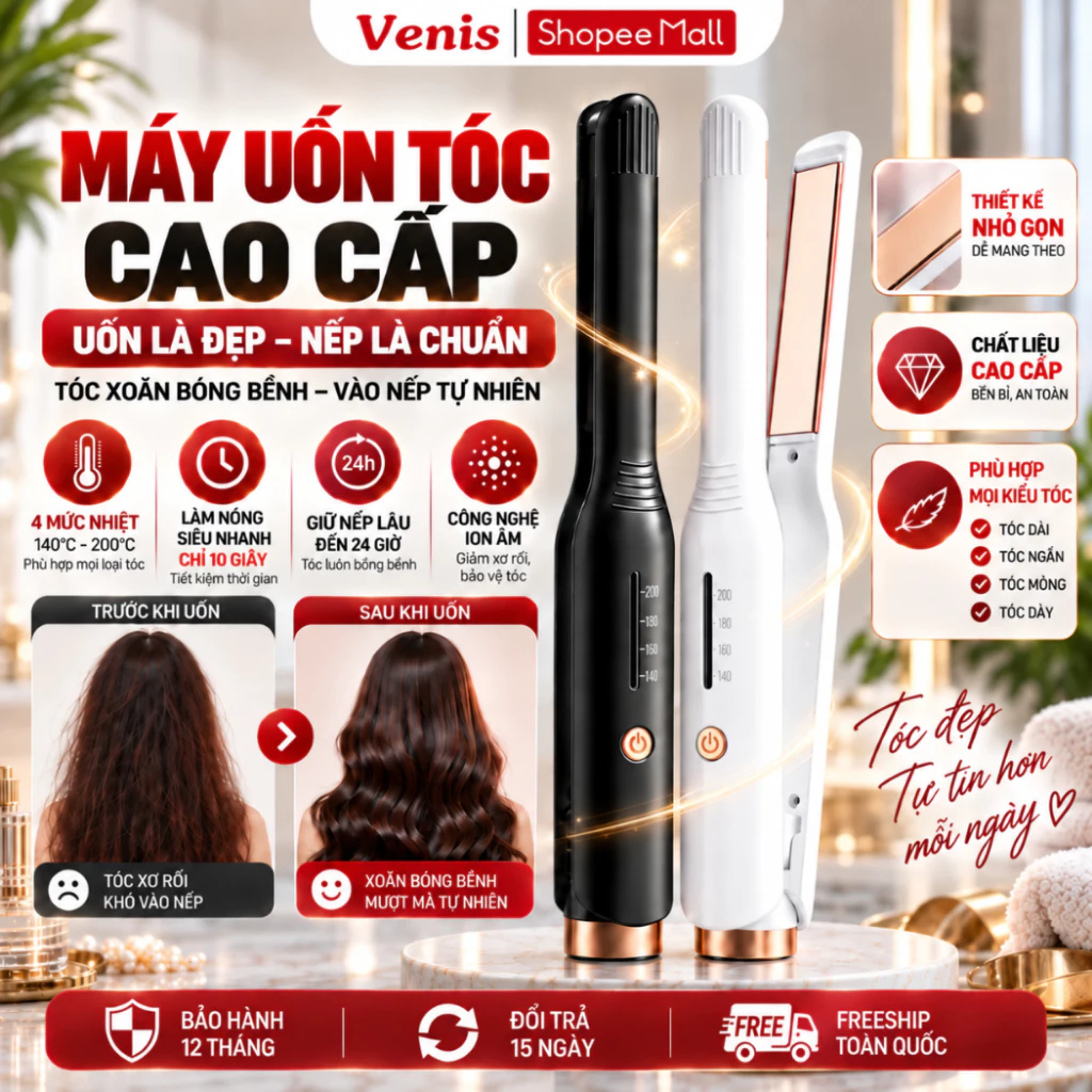 Máy Uốn Ép Tóc 2in1 Ion Âm, Duỗi Thẳng Uốn Side Nam Nữ, Máy Tạo Kiểu Tóc Chống Xơ Rối
