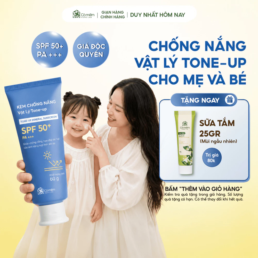 Kem Chống Nắng Nâng Tone Vật Lý Tone Up SPF50+ PA+++ Tone Up Cho Mẹ Và Bé Cỏ Mềm 60gr