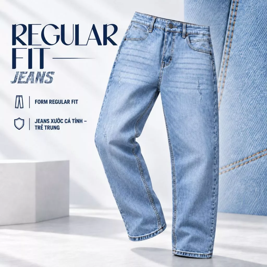 Quần Jeans REGULAR FIT JEANS TORANO xước regularfit thêu logo trẻ trung, phong độ GABJ593