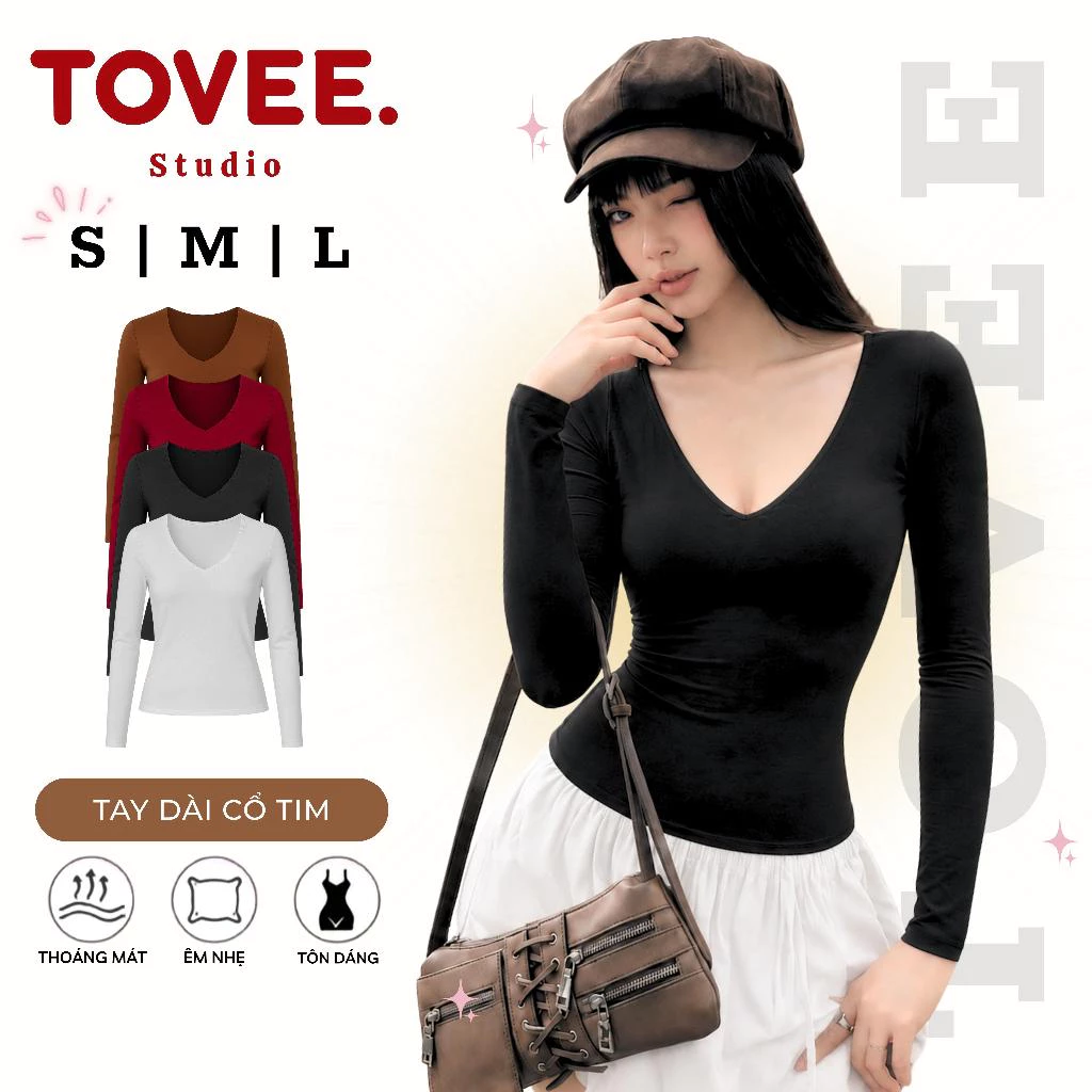 (MÀU MỚI) Áo Thun TAY DÀI CỔ TIM SÂU Dáng Dài Chất Borip Lụa DD145, Áo Thun Nữ Ôm Body Mềm Mịn TOVEE