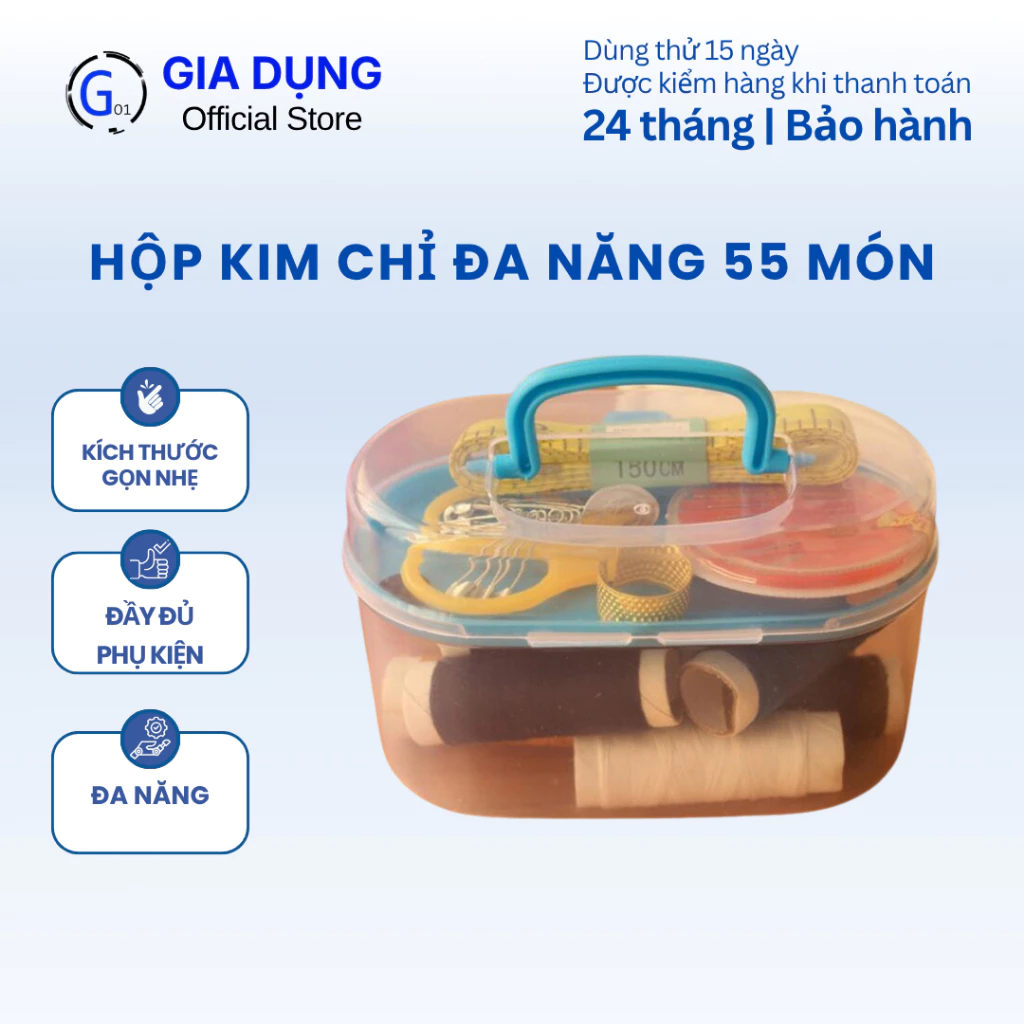 Hộp kim chỉ đa năng 55 món, Phụ kiện may vá tiện dụng cho gia đình tiện dụng