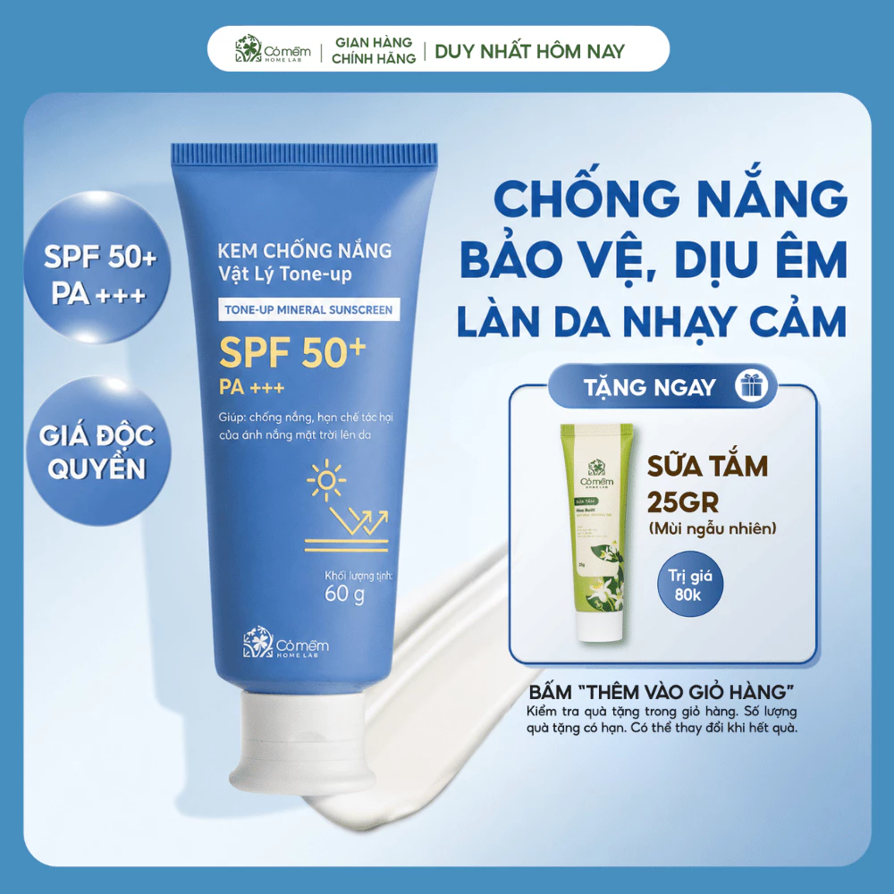 Kem Chống Nắng Vật Lý Nâng Tone SPF50+ PA+++ Tone Up Dưỡng Sáng Cho Da Nhạy Cảm Cỏ Mềm 60g