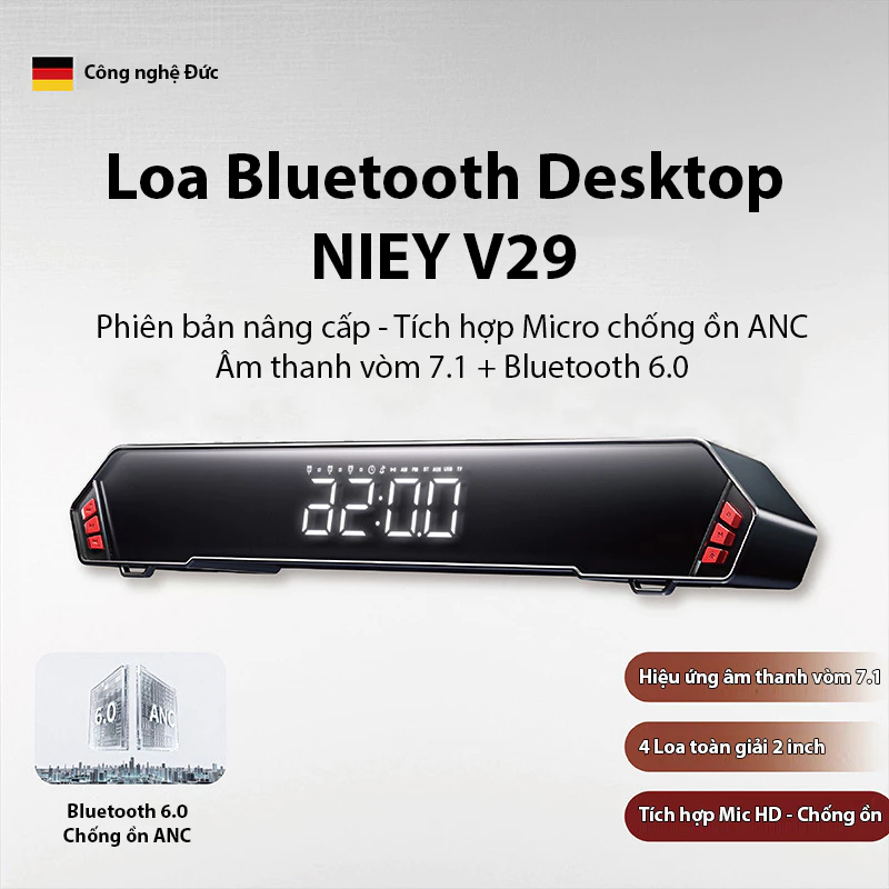Loa Bluetooth Gaming NIEY V29 - Thiết kế soundbar tiết kiệm diện tích - Âm thanh vòm 7.1 có LED RGB - BH 12 tháng