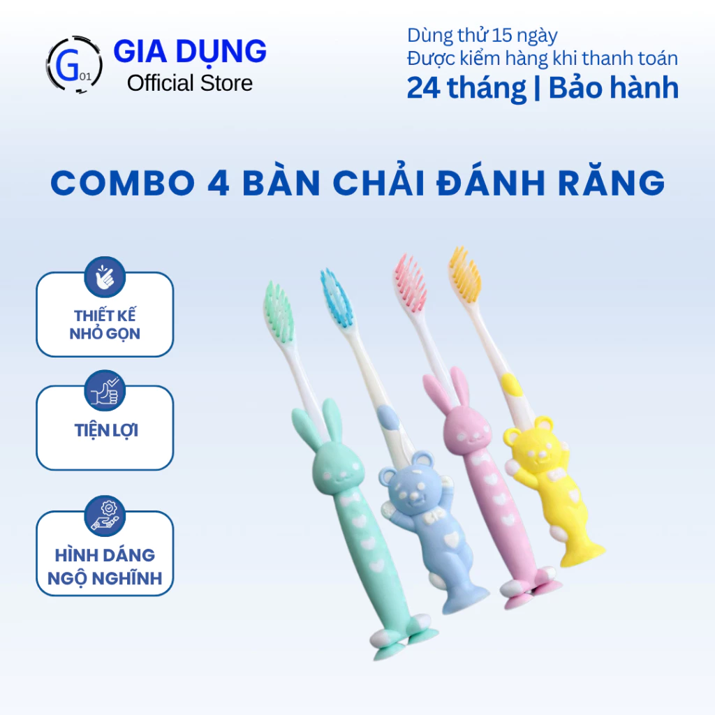 Combo 4 bàn chải đánh răng cho bé hình thú ngộ nghĩnh lông mịn có hộp đựng sạch gọn có nắp chắn