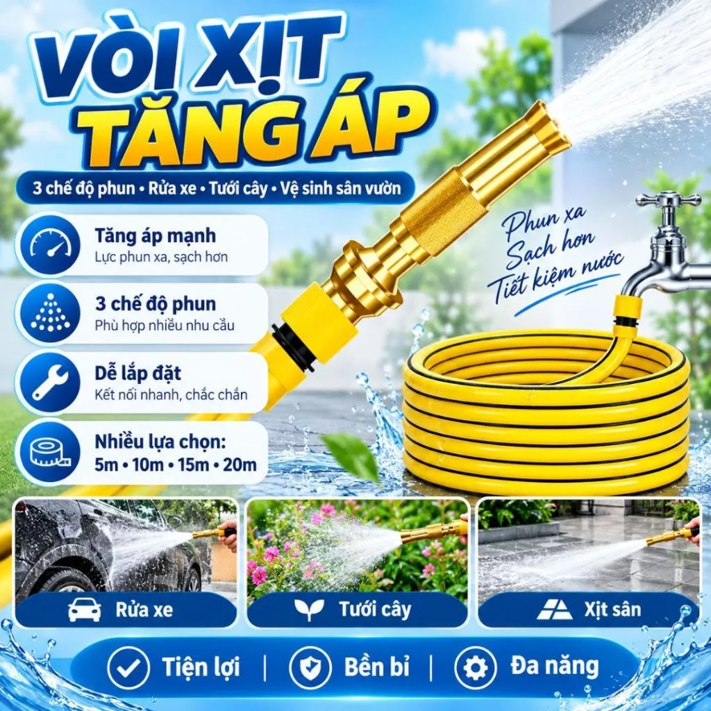 Vòi Xịt Tăng Áp Đầu Đồng Kèm Dây Ống Xịt Nước 5m 10m 15m 20m Chuyên Dụng  - Vòi Tưới Cây Và Rửa Xe