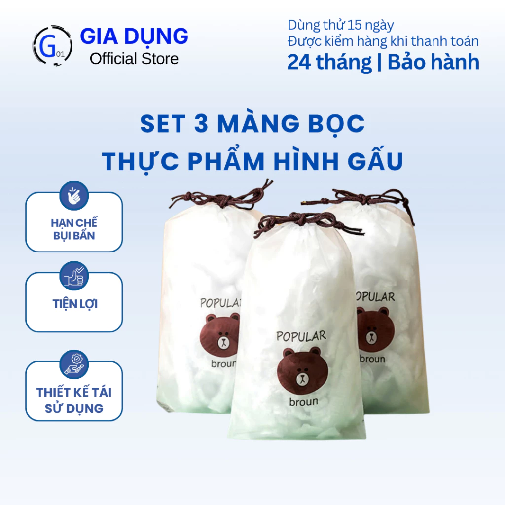 Set 3 màng bọc thực phẩm G01 hình gấu xinh xắn chất liệu co giãn siêu dai có chun tiện dụng giá rẻ