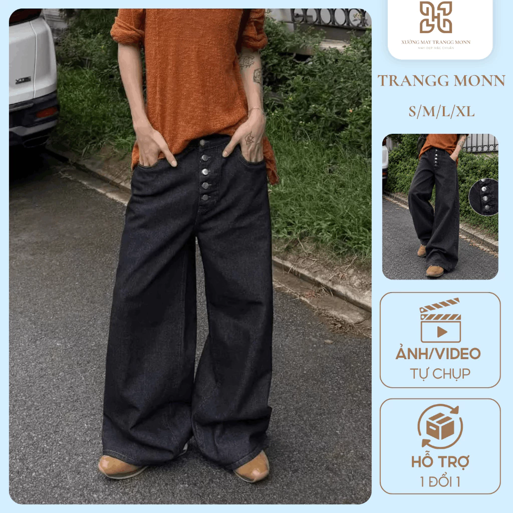 Quần Jean Bò Denim Nam Nữ Ống Rộng Cạp Thường Hàng Cúc, Form Unisex Trẻ Trung NăngĐộng
