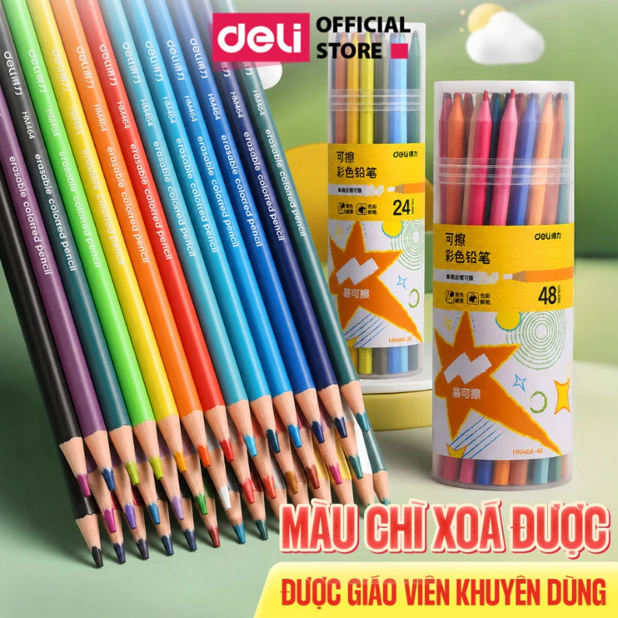 Bút Chì Màu Xóa Được Deli Bút Chì Màu Cao Cấp Dạng Cốc 12/24/36/48 Màu Không Dễ Gãy Dễ Gọt Màu Sắc Tươi Sáng