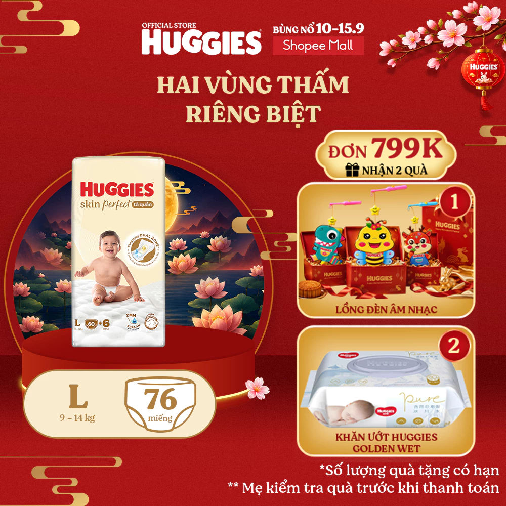 Tã quần Huggies Skin Perfect Super Jumbo M70+2/ L60+2/ XL52+6/ XXL48+6 với 2 vùng thấm giảm kích ứng da