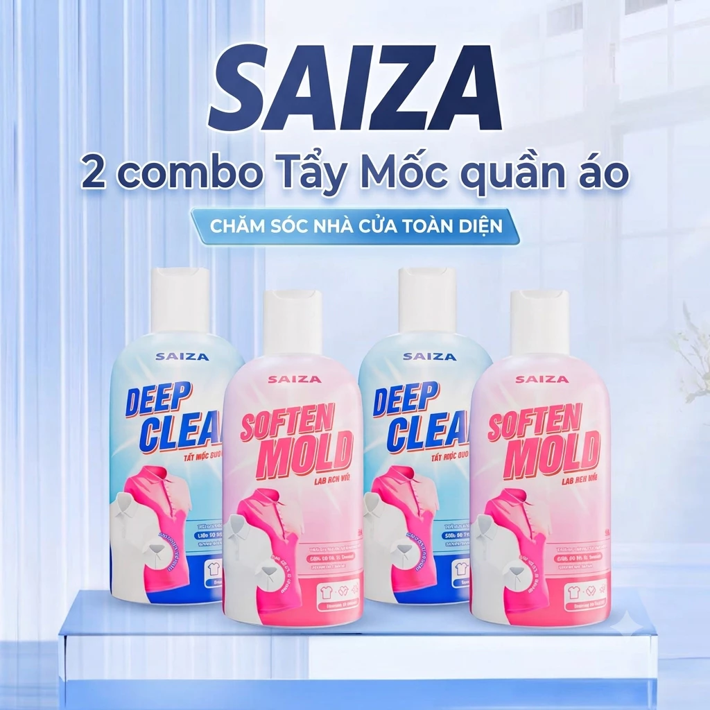 2Combo tẩy mốc quần áo SAIZA làm sạch vết ố vàng, mốc, thâm kim, vết bẩn dầu mỡ, giữ nguyên màu vải
