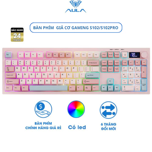 Bàn phím giả cơ silent AULA S102 S102PRO 3 mode kết nối, có màn hình hiển thị, LED RGB bắt mắt phù hợp cho làm văn phòng